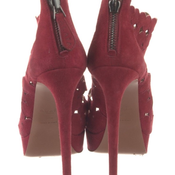 ALAÏA Burgundy Suede Laser-Cut Platform Sandals | IT 37.5 (US 7.5) - Picture 4 of 5